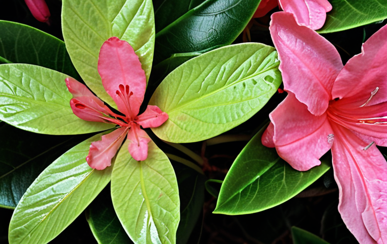 **
Close-up of Azalea and Rhododendron leaves side-by-side. Azalea leaves: small, thin, textured. Rhododendron leaves: large, thick, glossy. Highlight differences in shape and texture.
**
