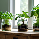 A serene indoor scene featuring a collection of thriving green plants in transparent glass jars, placed on a light-colored wooden desk next to a sunlit window. The jars contain lush basil, vibrant mint, and a healthy spider plant, showcasing their distinct leaf shapes and textures. Each glass jar is clean and allows visibility of the soil and roots. Soft natural light streams in, highlighting the freshness of the foliage. The background is a blurred, cozy home interior, suggesting tranquility and a connection to nature. high-quality photography, sharp focus, vibrant colors, professional lighting, safe for work, appropriate content, fully clothed, family-friendly.