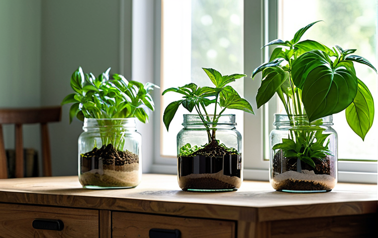 A serene indoor scene featuring a collection of thriving green plants in transparent glass jars, placed on a light-colored wooden desk next to a sunlit window. The jars contain lush basil, vibrant mint, and a healthy spider plant, showcasing their distinct leaf shapes and textures. Each glass jar is clean and allows visibility of the soil and roots. Soft natural light streams in, highlighting the freshness of the foliage. The background is a blurred, cozy home interior, suggesting tranquility and a connection to nature. high-quality photography, sharp focus, vibrant colors, professional lighting, safe for work, appropriate content, fully clothed, family-friendly.