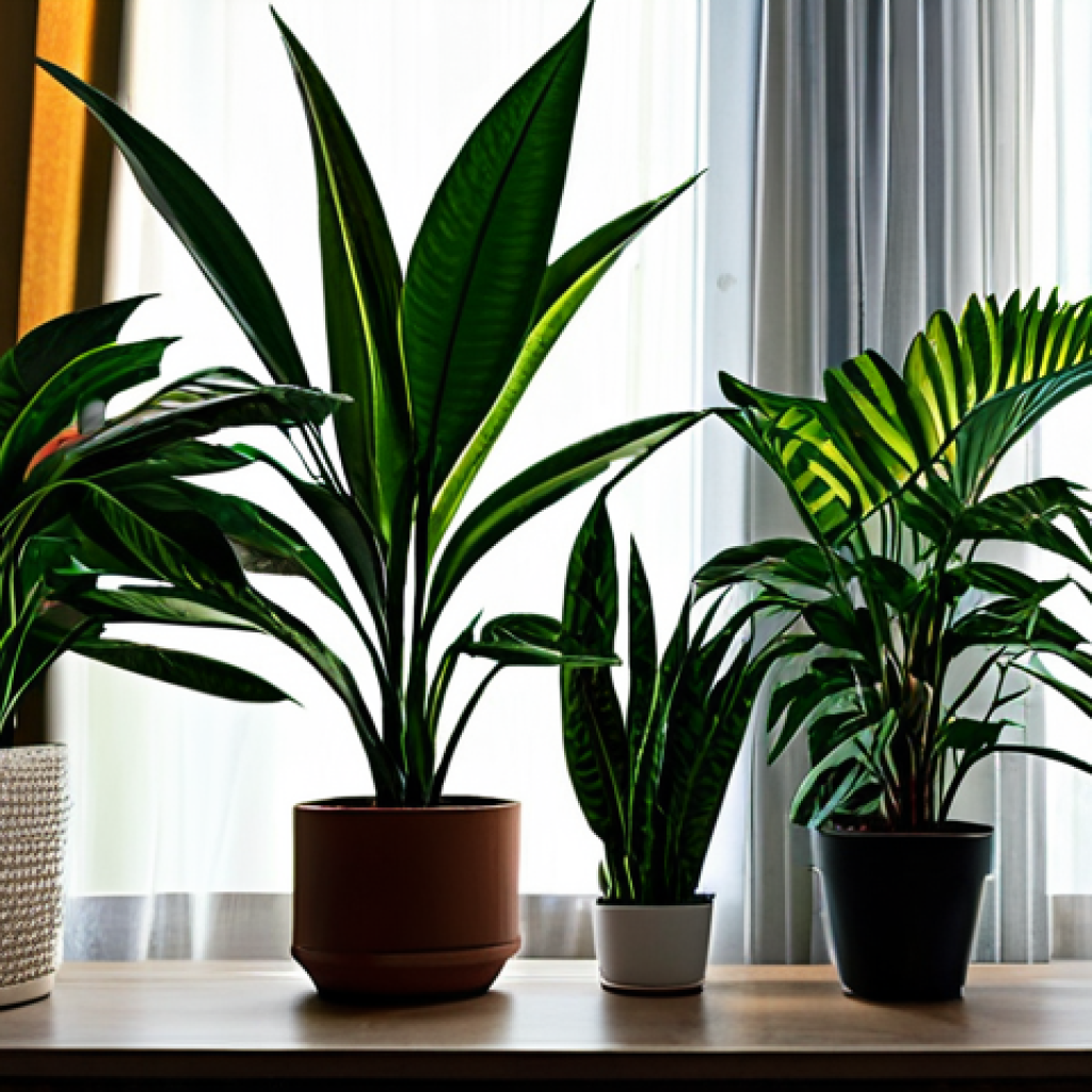 **

"A collection of diverse, fully clothed indoor plants thriving in a dimly lit living room. Snake plant, ZZ plant, and pothos are visible. Modest home decor, natural light filtering through curtains. Safe for work, appropriate content, perfect anatomy (of plants), well-defined leaves, family-friendly, high quality."

**