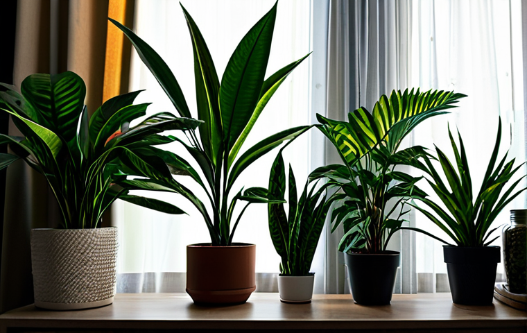 **

"A collection of diverse, fully clothed indoor plants thriving in a dimly lit living room. Snake plant, ZZ plant, and pothos are visible. Modest home decor, natural light filtering through curtains. Safe for work, appropriate content, perfect anatomy (of plants), well-defined leaves, family-friendly, high quality."

**