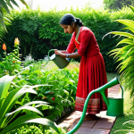**Prompt:** "A lush green garden filled with various plants and flowers, a woman in traditional Indian clothing tending to the plants, using a watering can, safe for work, appropriate content, fully clothed, professional, perfect anatomy, natural proportions, bright and cheerful, natural light, high resolution."