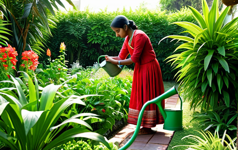 **Prompt:** "A lush green garden filled with various plants and flowers, a woman in traditional Indian clothing tending to the plants, using a watering can, safe for work, appropriate content, fully clothed, professional, perfect anatomy, natural proportions, bright and cheerful, natural light, high resolution."