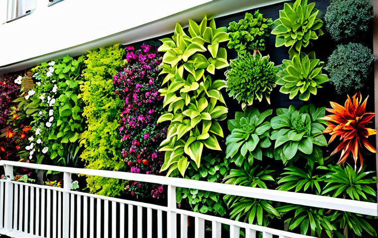 반려식물 시장 트렌드 - **Prompt:** A vibrant vertical garden on a home balcony, showcasing diverse small plants in hanging ...