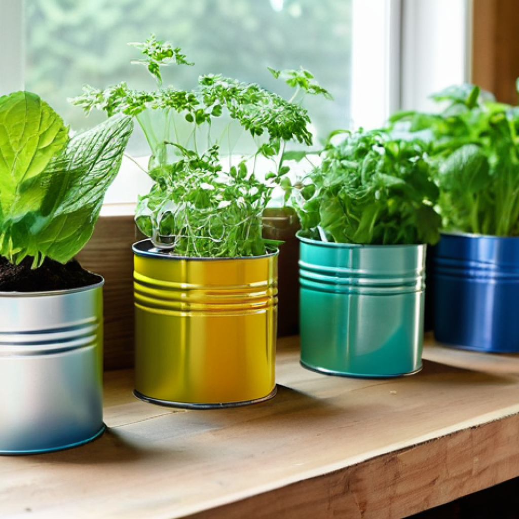 친환경 화분 만들기 - **Prompt:** A cozy, sun-drenched kitchen corner with a collection of vibrant, upcycled tin can plant...