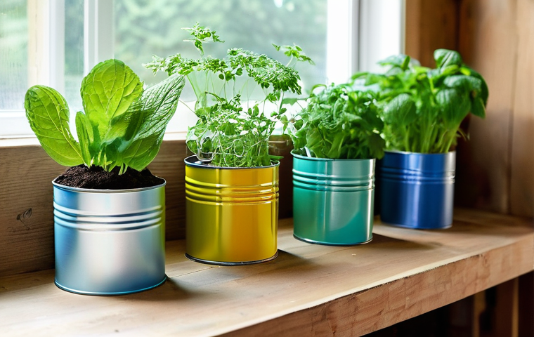 친환경 화분 만들기 - **Prompt:** A cozy, sun-drenched kitchen corner with a collection of vibrant, upcycled tin can plant...