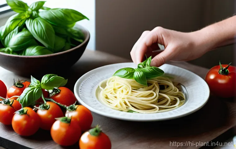 바질 키우기 및 활용법 - **"A close-up shot of a person's hands, wearing a light-colored, casual long-sleeved shirt, gently t...