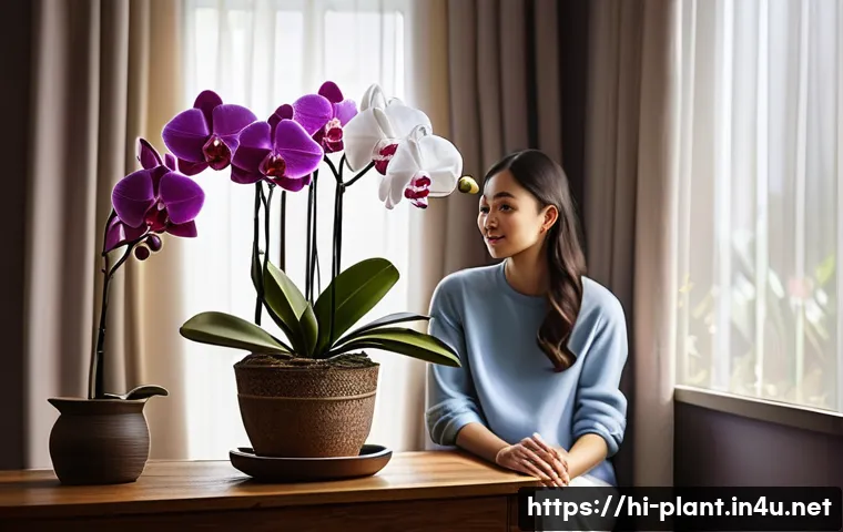 난초 종류별 키우는 법 - **Prompt 1: "A serene indoor scene bathed in soft, natural morning light. A woman, elegantly dressed...