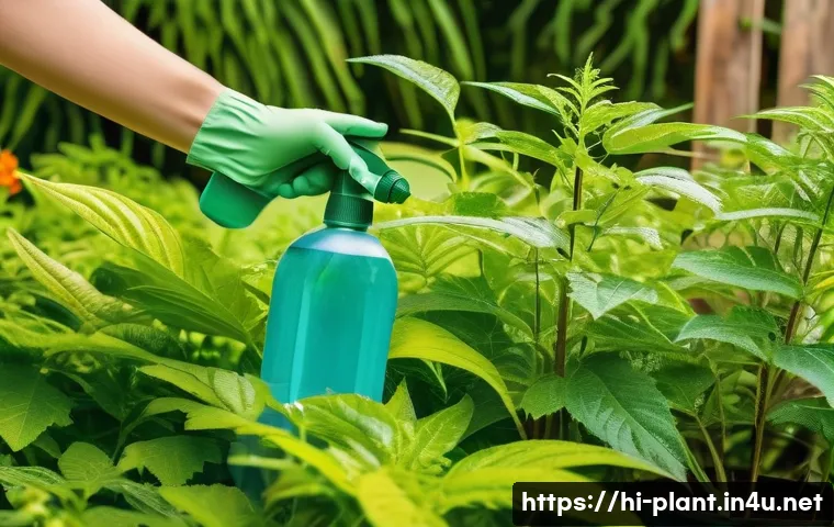 친환경 방충제 만들기 - A vibrant garden scene showcasing a variety of healthy plants being sprayed with a natural neem leaf...