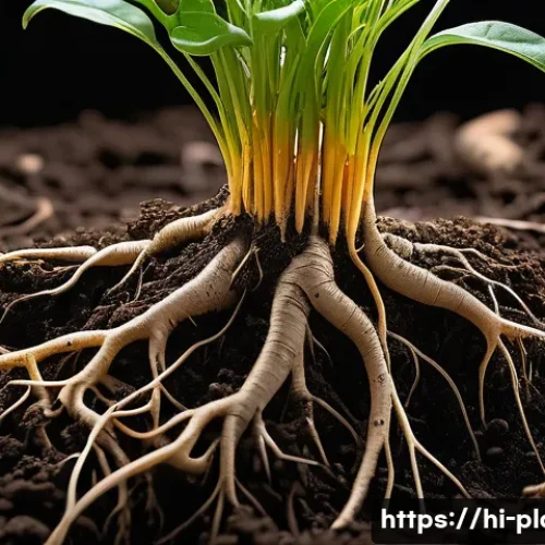 Home 32 식물 성장 촉진제 추천 - A vibrant and detailed close-up of healthy plant roots growing robustly in rich, moist soil, showing...