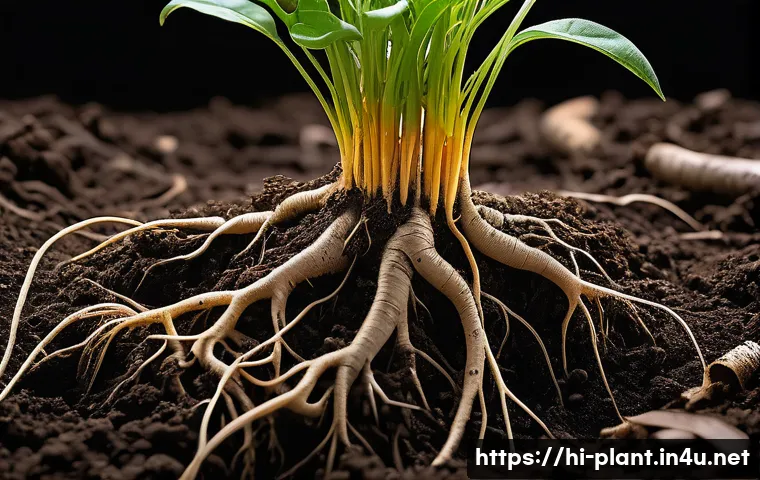 식물 성장 촉진제 추천 - A vibrant and detailed close-up of healthy plant roots growing robustly in rich, moist soil, showing...
