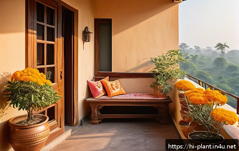 꽃 피우는 실내 식물 추천 - A cozy, sunlit Indian home balcony adorned with vibrant flowering plants like jasmine (chameli), mog...