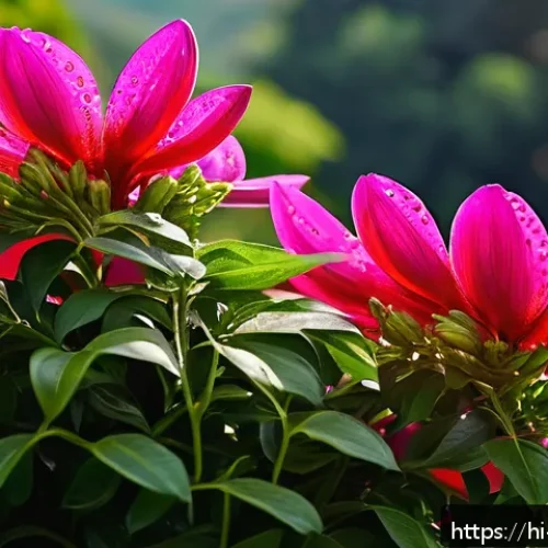 Home 30 철쭉과 진달래 차이점 - A close-up view of vibrant Jhajhara flowers blooming in a sunny spring garden, showcasing their thic...