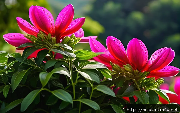 철쭉과 진달래 차이점 - A close-up view of vibrant Jhajhara flowers blooming in a sunny spring garden, showcasing their thic...