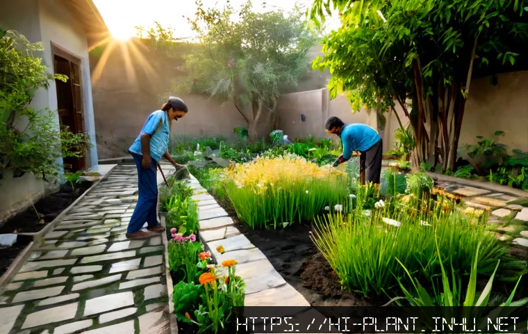 자생식물 활용한 정원 조성 - Photorealistic native plant garden in an Indian home courtyard, diverse drought-tolerant local wildf...