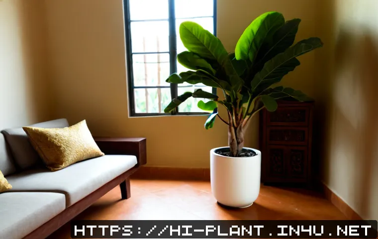 거실에서 키우기 좋은 대형 식물 - Photorealistic bright Indian living room with a tall fiddle-leaf fig tree in a simple ceramic floor ...
